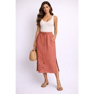 Linden Hill Linen Midi Skirt Terracotta Drawstring Elastic Waist Size 18